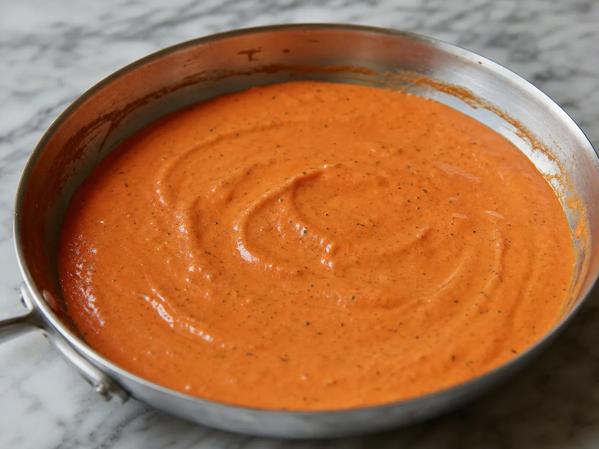 Molho cremoso de tomate coral e sedoso cobrindo as costas de uma colher