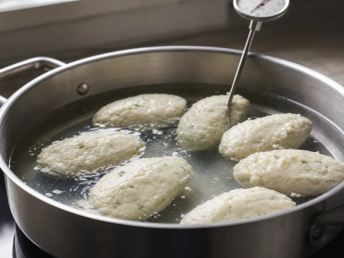 Oito quenelles ovais de lúcio sendo escalfadas delicadamente em uma panela larga
