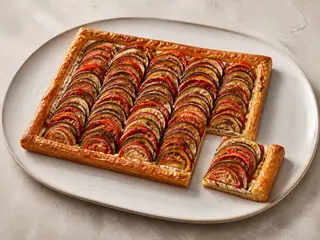 Tarta francesa de ratatouille con verduras de verano asadas y queso de cabra