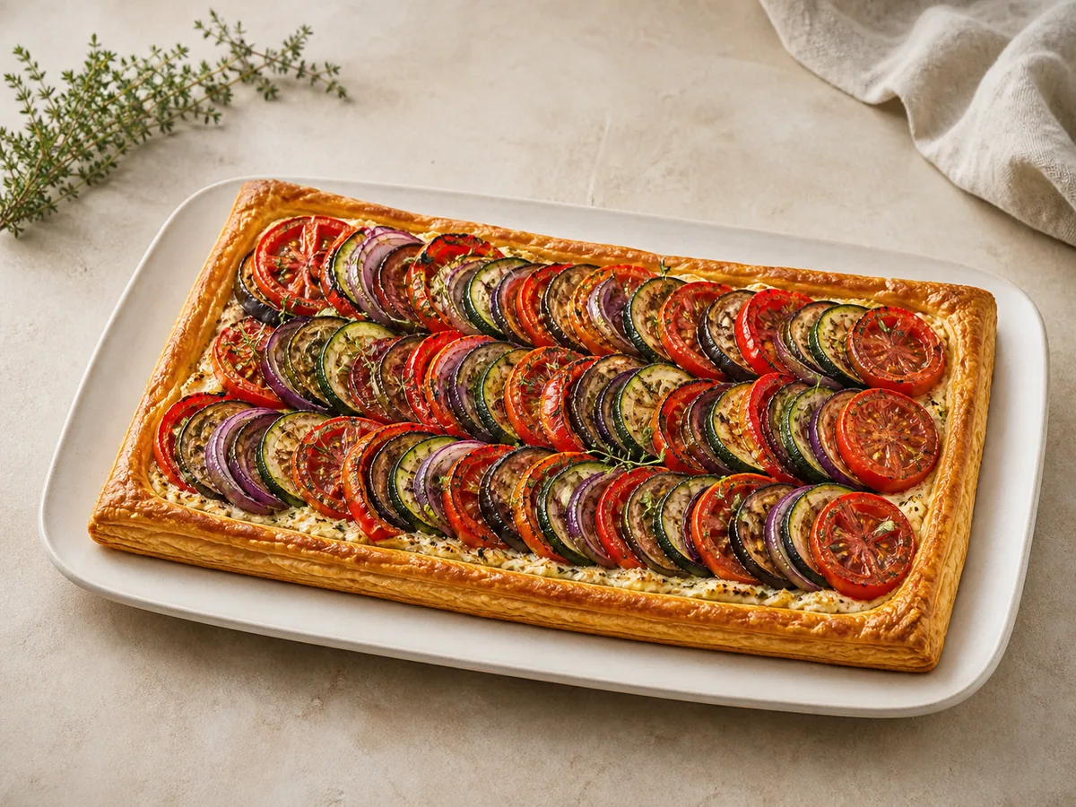 French ratatouille tart with roasted summer vegetables and goat cheese