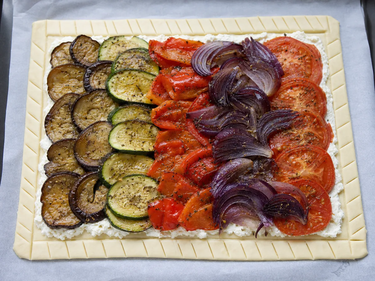 French Ratatouille Tart: Arrange the roasted vegetables