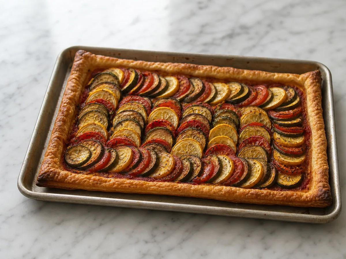 Torta de ratatouille recém-assada, com borda bem dourada e centro firme