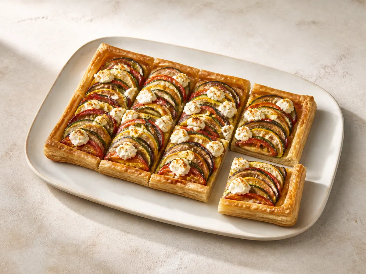 Sliced French ratatouille tart resting on a pale ceramic platter