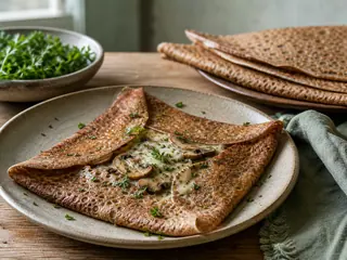 Galettes de trigo sarraceno dobladas, rellenas de hongos cremosos y Gruyère
