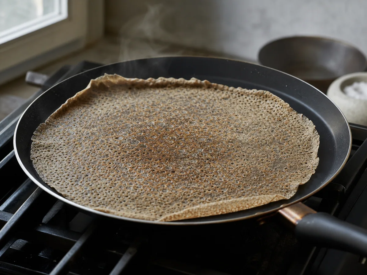 Galette fina de trigo sarraceno cocinándose en una sartén de 25 cm, hasta que los bordes se despeguen y la superficie cuaje