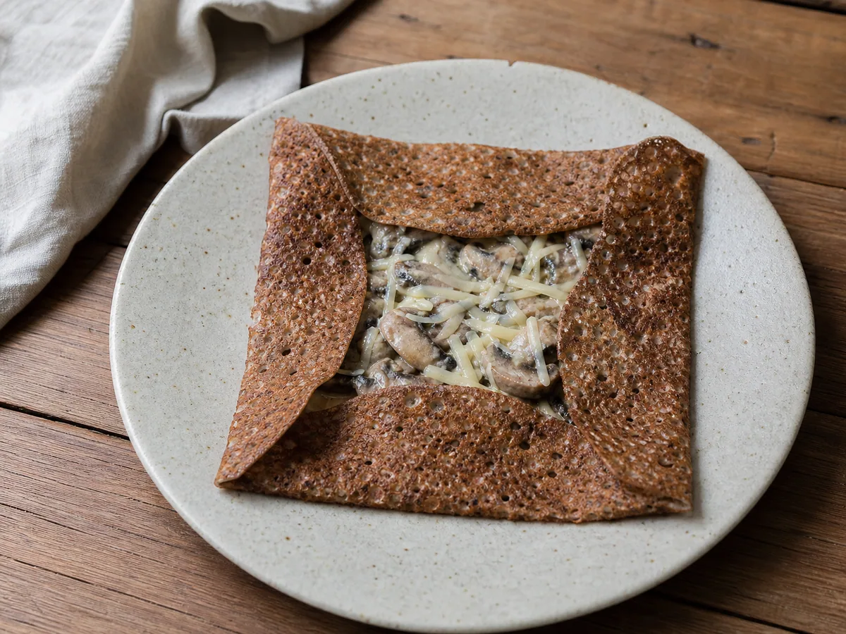 Galette de trigo sarraceno doblada alrededor de hongos dorados cremosos y Gruyère derritiéndose en la estufa