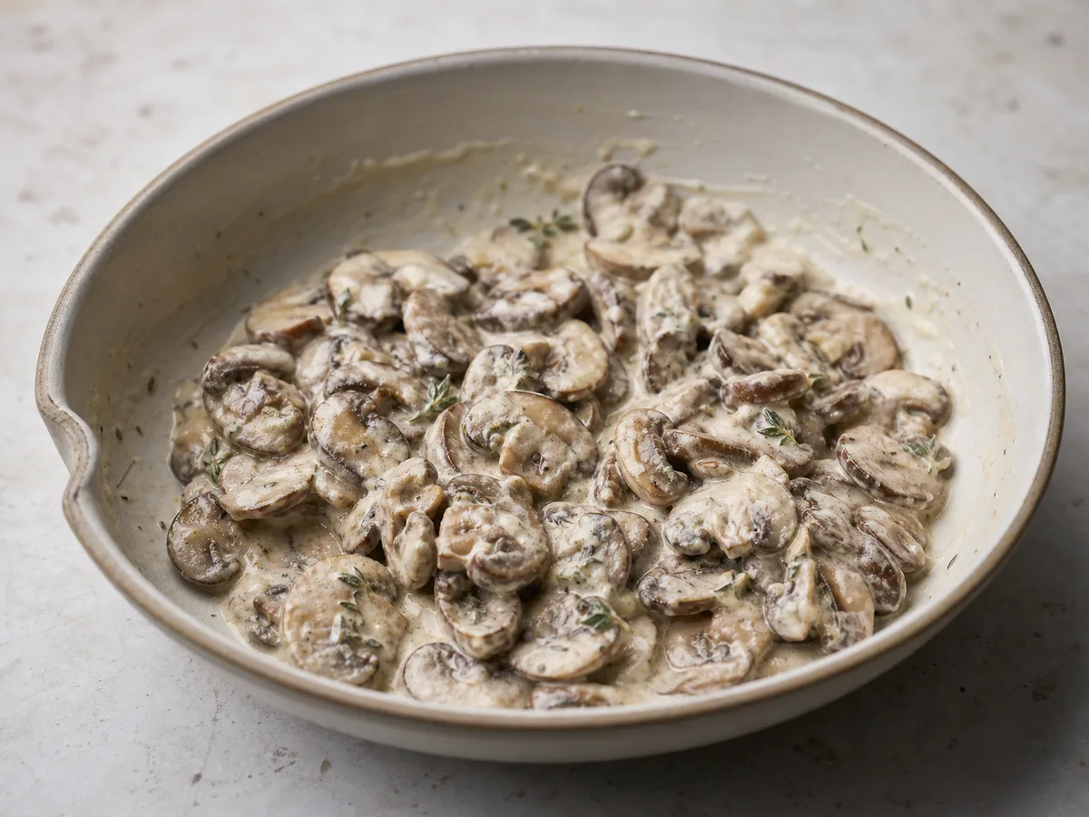 Hongos dorados ligeramente cubiertos con salsa cremosa de Dijon y tomillo
