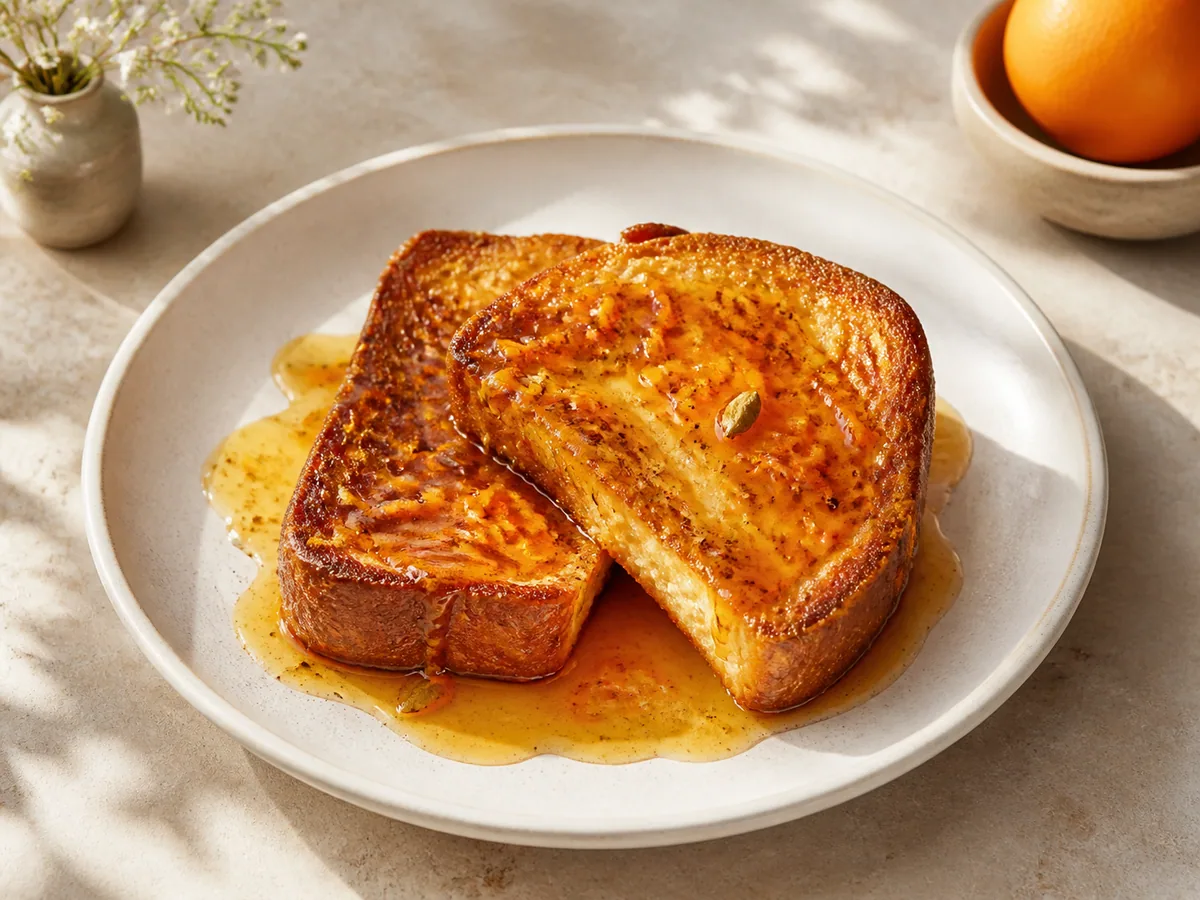 Golden brioche French toast drizzled with orange cardamom syrup