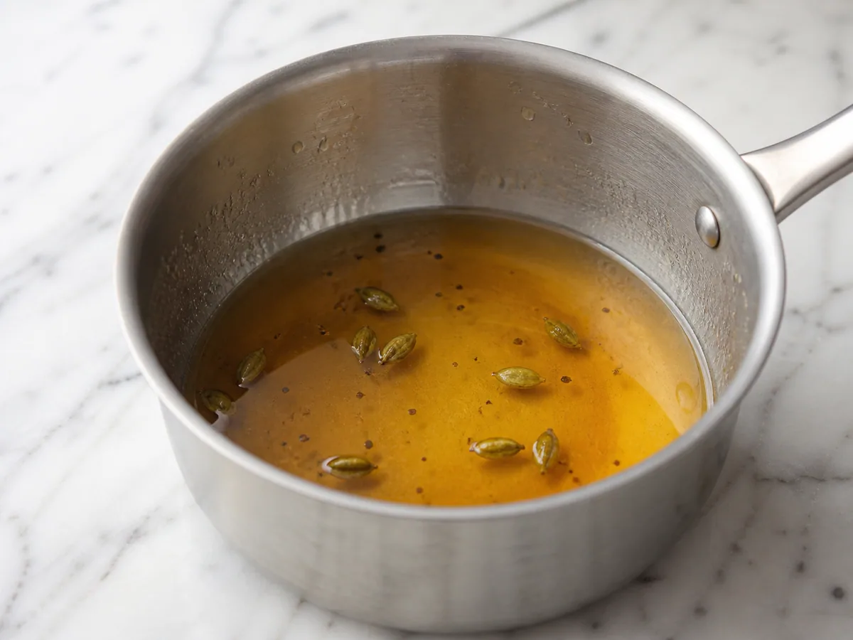 Calda brilhante de laranja e cardamomo que recobre levemente uma colher em uma panela pequena