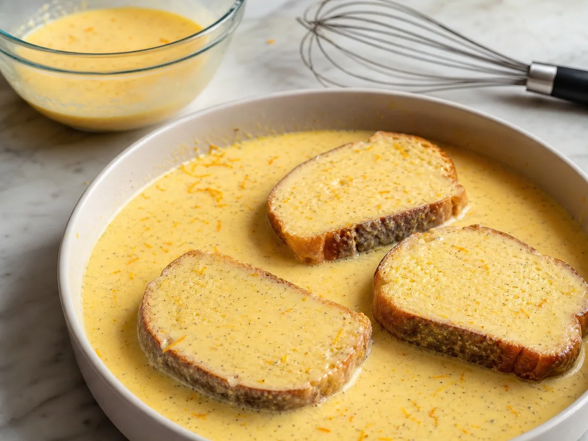 Torrada Francesa com Xarope de Laranja e Cardamomo: misture o creme e deixe o brioche absorver
