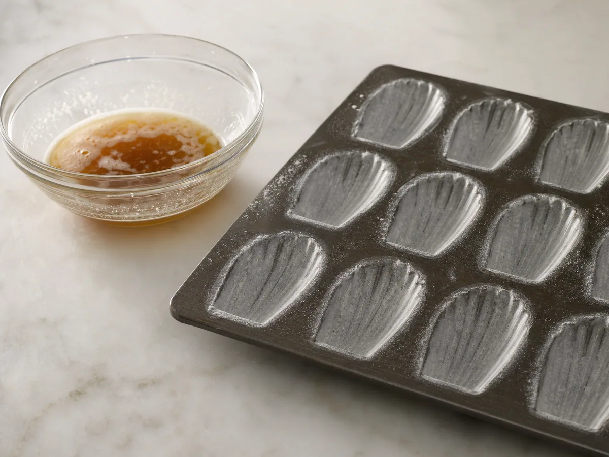 Madeleine pan evenly coated with a thin film of butter in every shell ridge