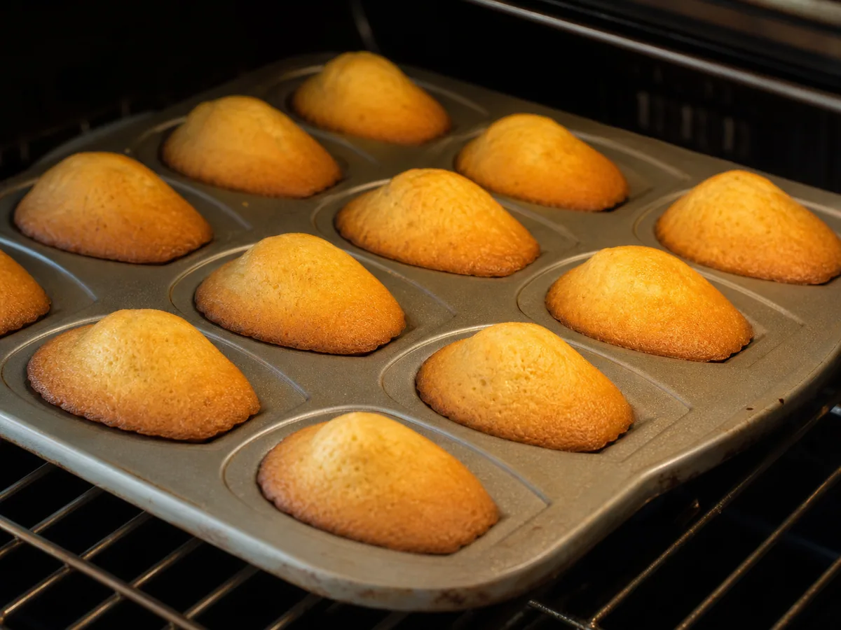 Fully baked French vanilla madeleines with golden shell ridges and rounded humps in the pan