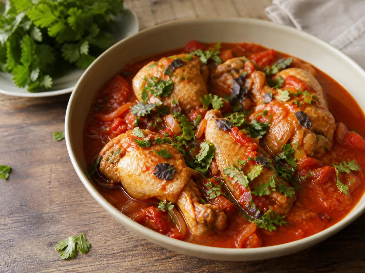 Georgian chakhokhbili chicken in a tomato and herb sauce
