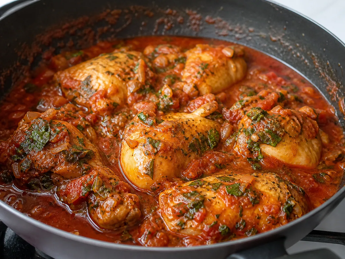 Pollo chakhokhbili totalmente cocido, cocinándose en salsa espesa de tomate y cebolla