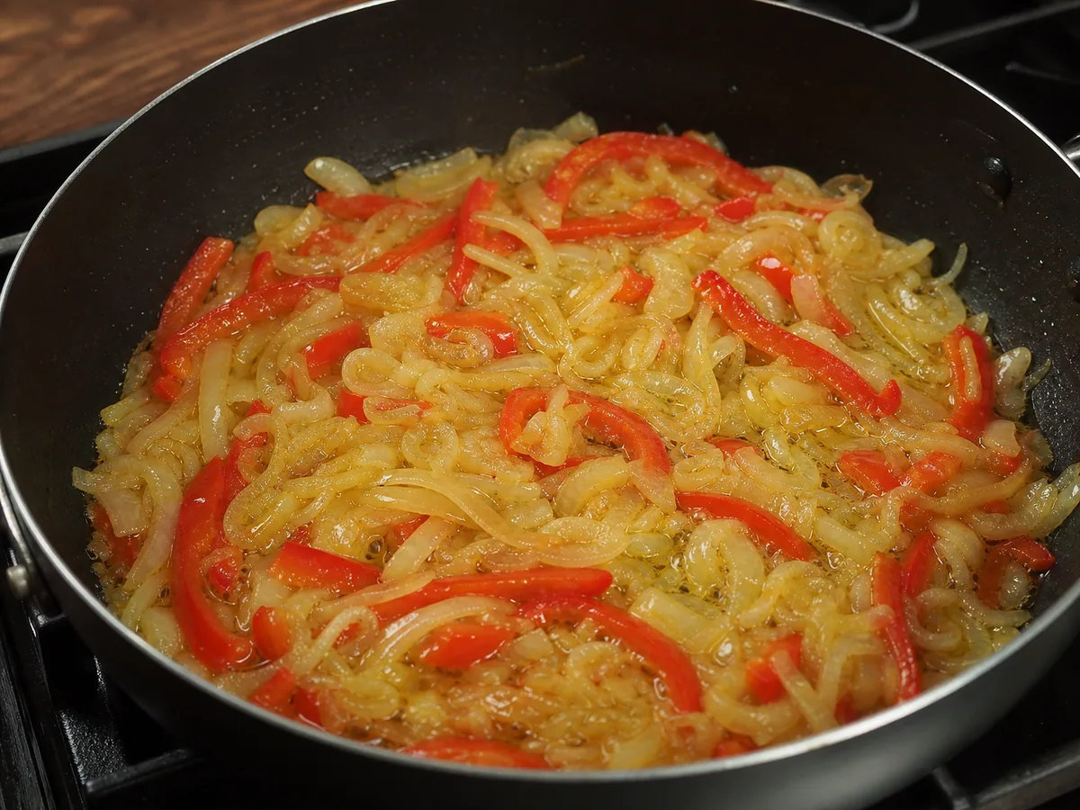 Cebolla y pimiento rojo suavizados, de color dorado pálido, para chakhokhbili georgiano