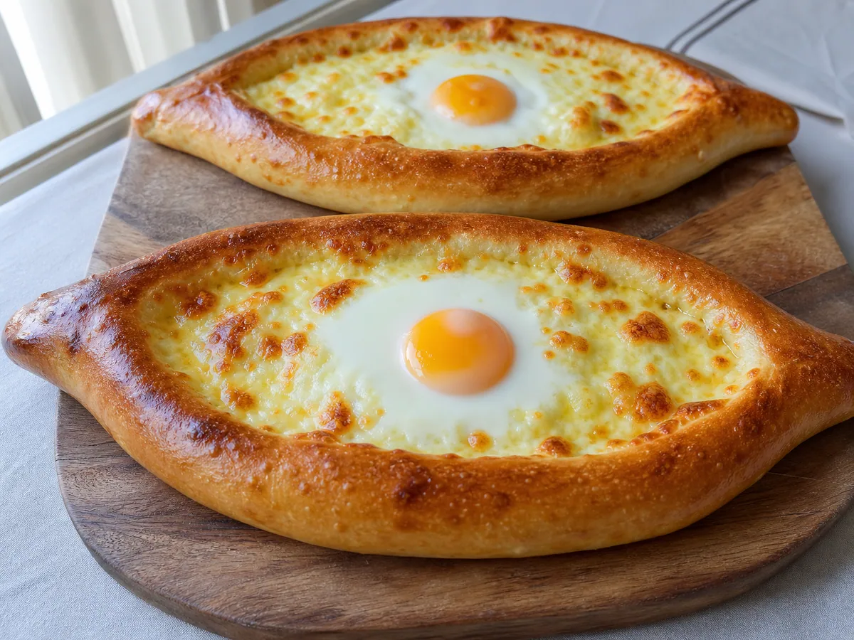 Golden Georgian khachapuri boat with melted cheese, a fully cooked egg, and butter