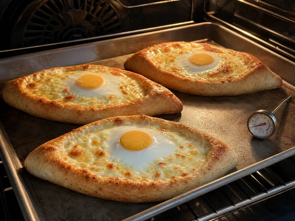 Barcas de khachapuri tras hornearse, con claras opacas y firmes y yemas completamente cuajadas, antes de agregar mantequilla