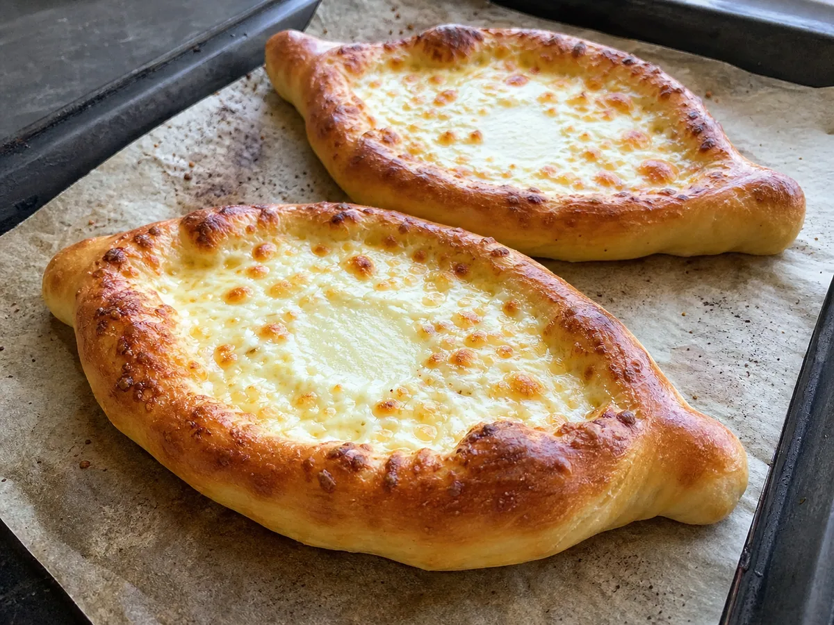 Barcas de khachapuri horneadas, con bordes muy dorados y queso burbujeante, antes de agregar los huevos