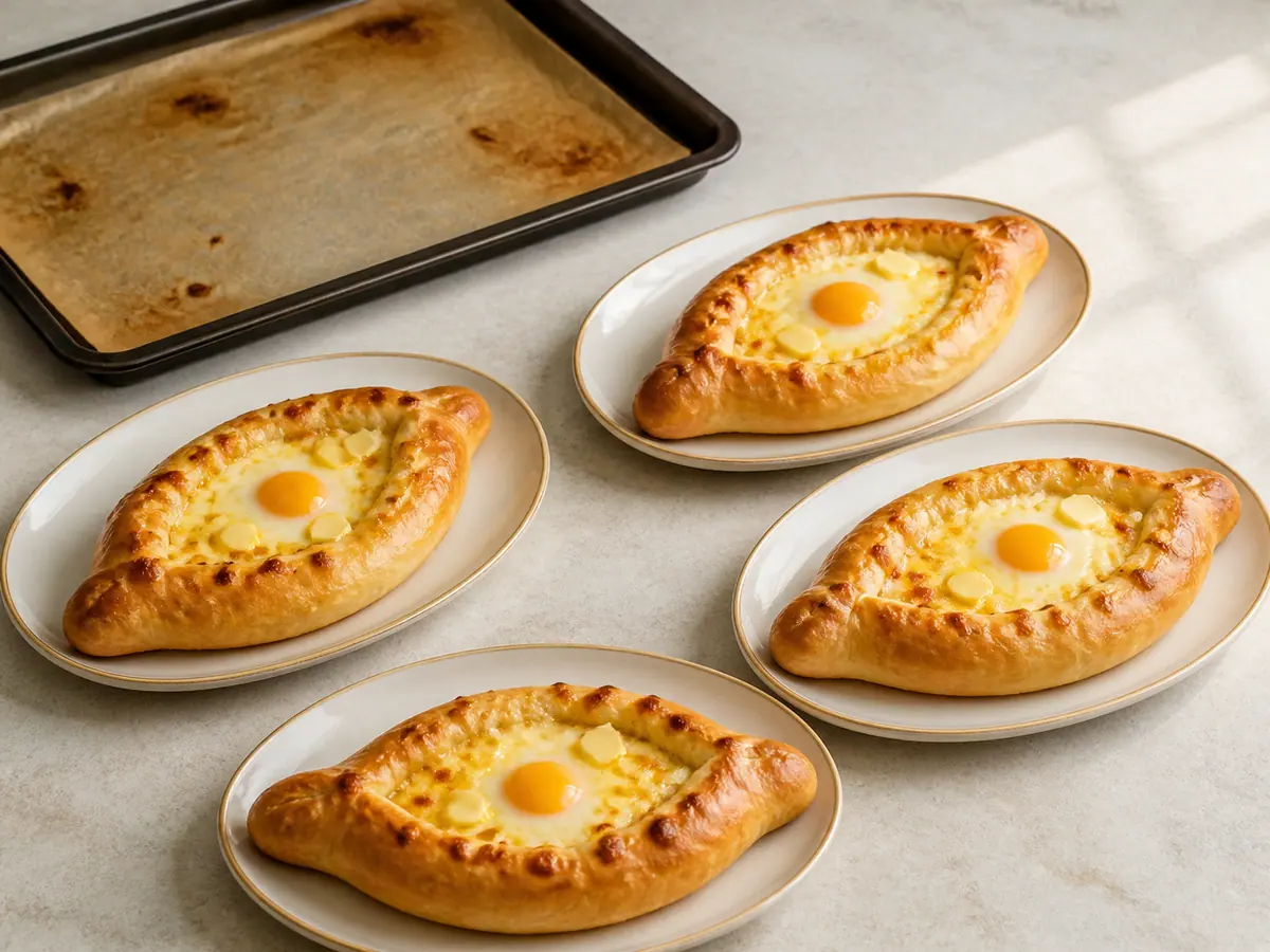 Show exactly four hot finished khachapuri boats transferred to simple oval plates, each with golden rims, molten cheese, one fully cooked egg, and small glossy melted butter pieces
