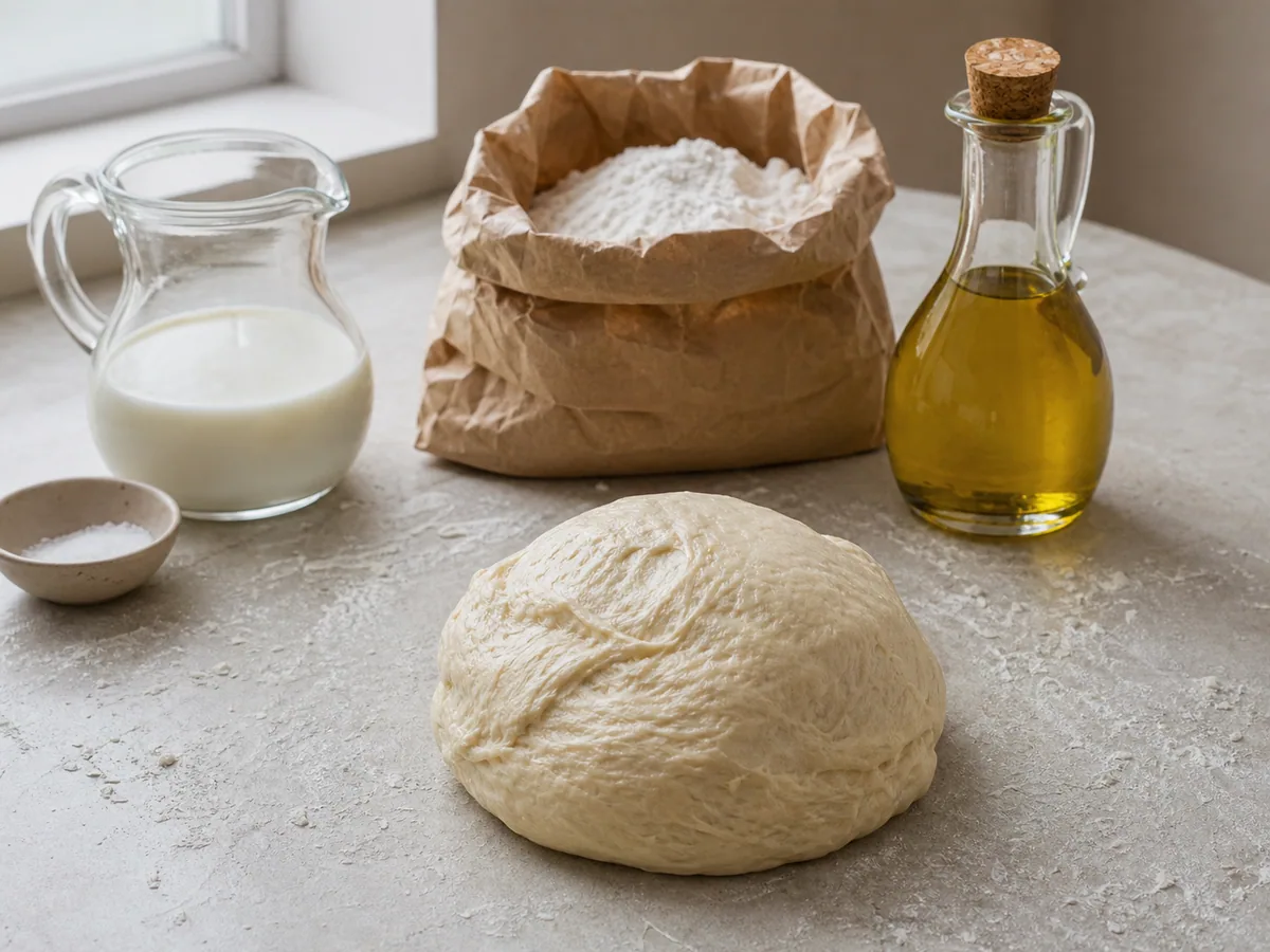 Masa de khachapuri lisa y elástica después de amasar, apenas pegajosa y lista para levar