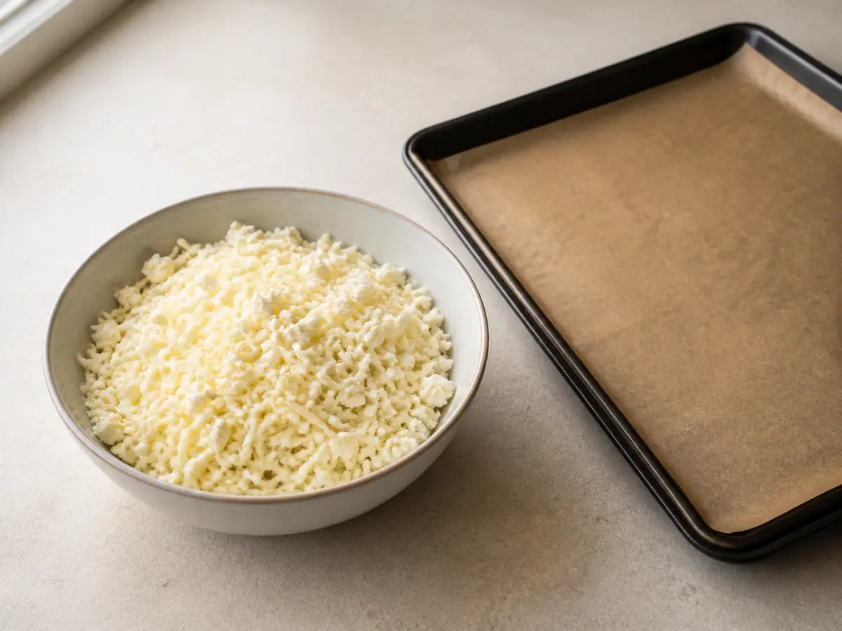 Show a bowl containing evenly mixed shredded whole-milk mozzarella and crumbled feta beside a preheated baking-sheet setup