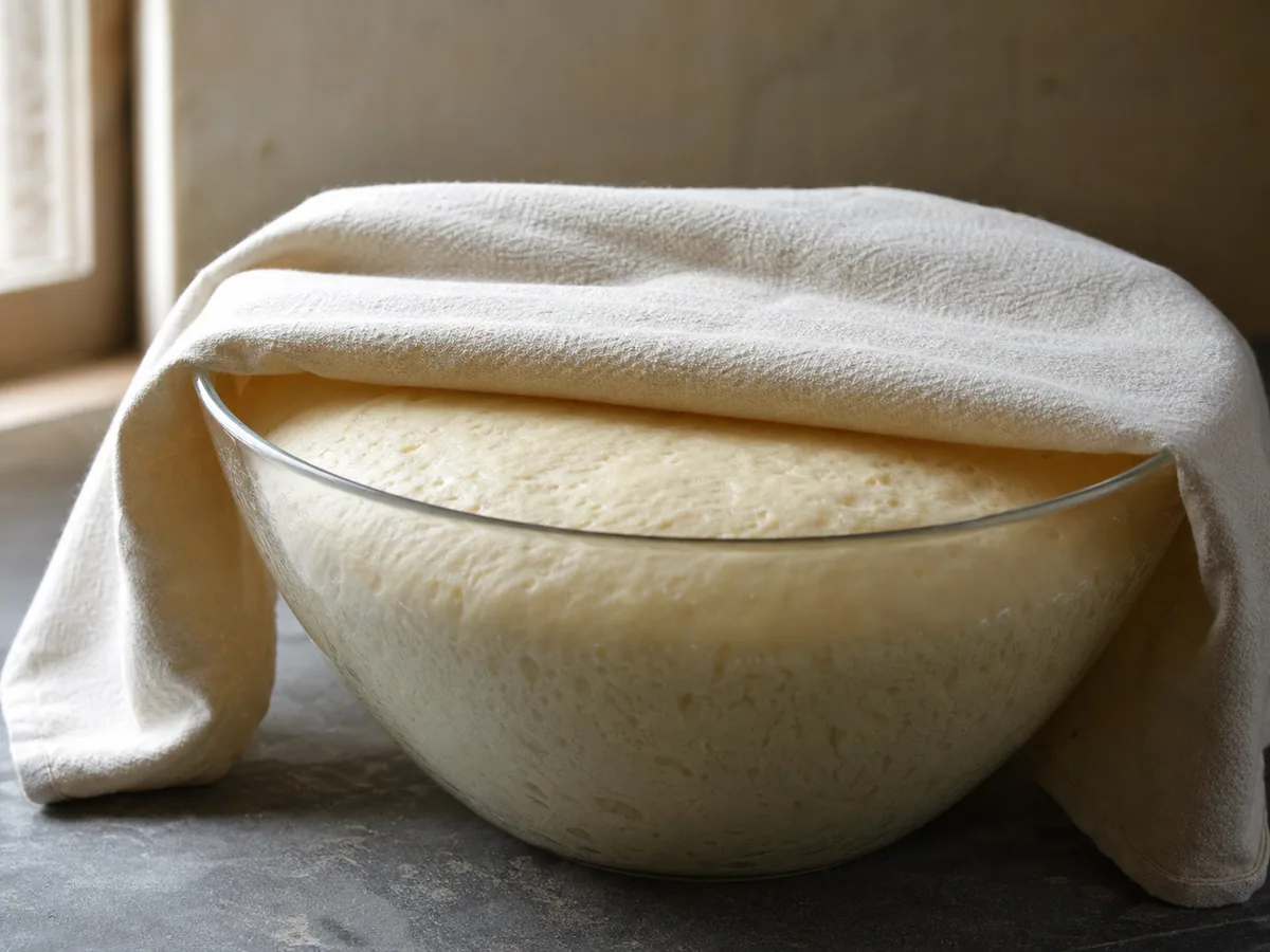 Masa de khachapuri fermentada en un tazón, esponjosa, casi duplicada y con una hendidura poco profunda