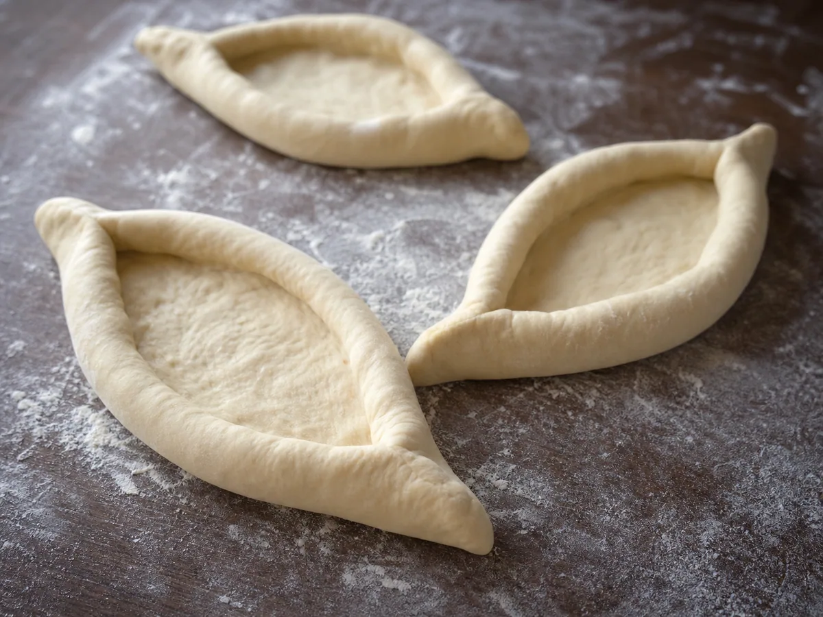 Masa cruda de khachapuri georgiano formada en cuatro barcas abiertas, con bordes enrollados y extremos puntiagudos