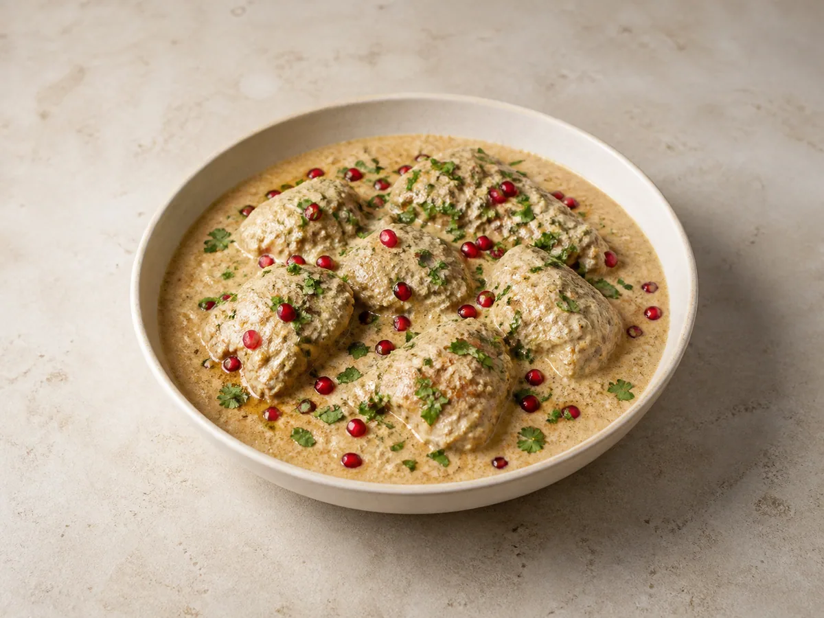 Satsivi de frango georgiano em uma tigela rasa, com molho de nozes, coentro e sementes de romã