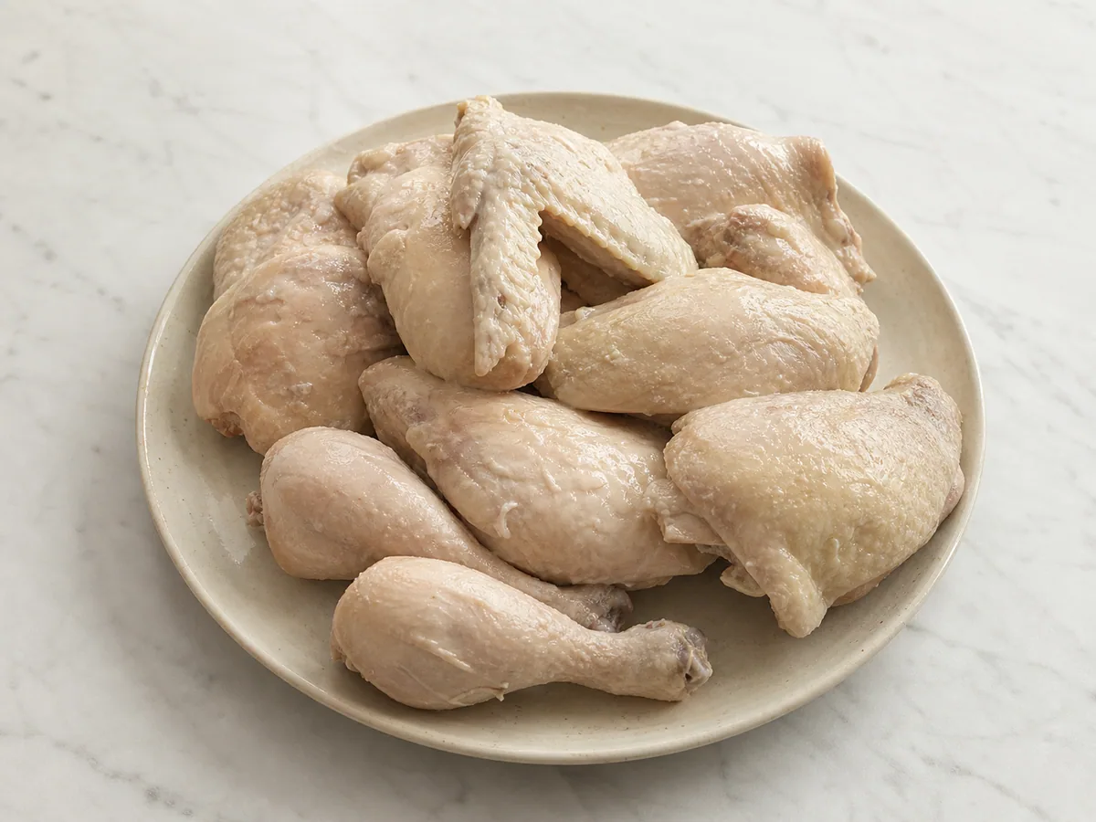 Muslos de pollo completamente cocidos y ligeramente dorados en una beeja después de alcanzar 74&deg;C/165&deg;F
