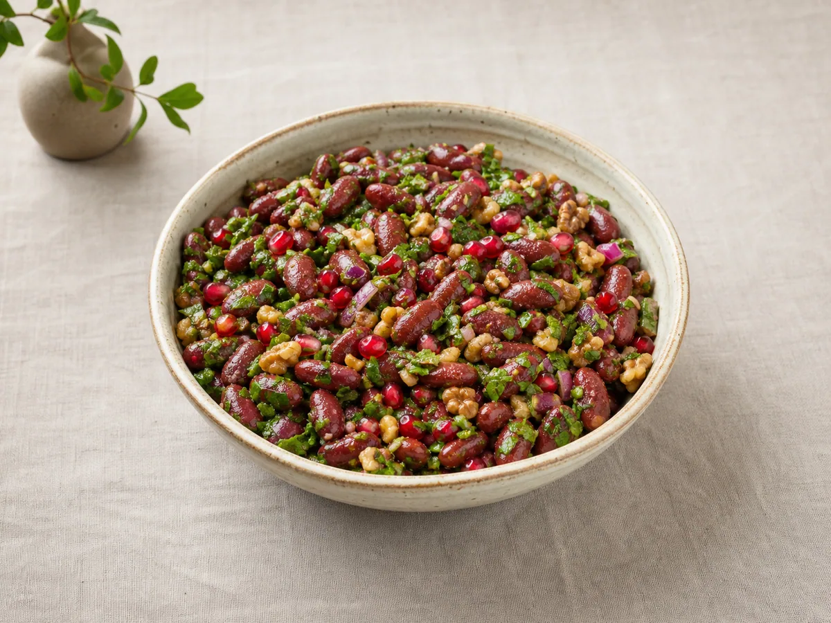 Georgian lobio bean salad with walnuts, herbs, red onion, and pomegranate