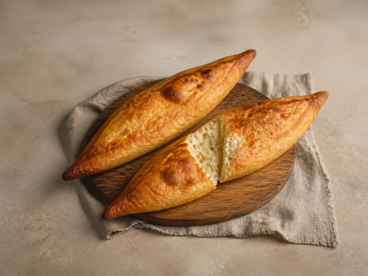 Two long Georgian shoti bread loaves with pointed ends and a blistered golden crust