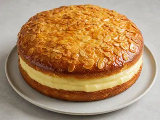 Bolo alemão Bienenstich com cobertura de mel e amêndoas e recheio de creme de baunilha