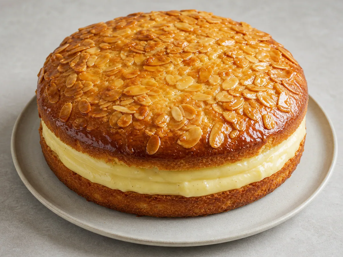 Pastel alemán Bienenstich con cubierta de miel y almendras y relleno de crema pastelera de vainilla