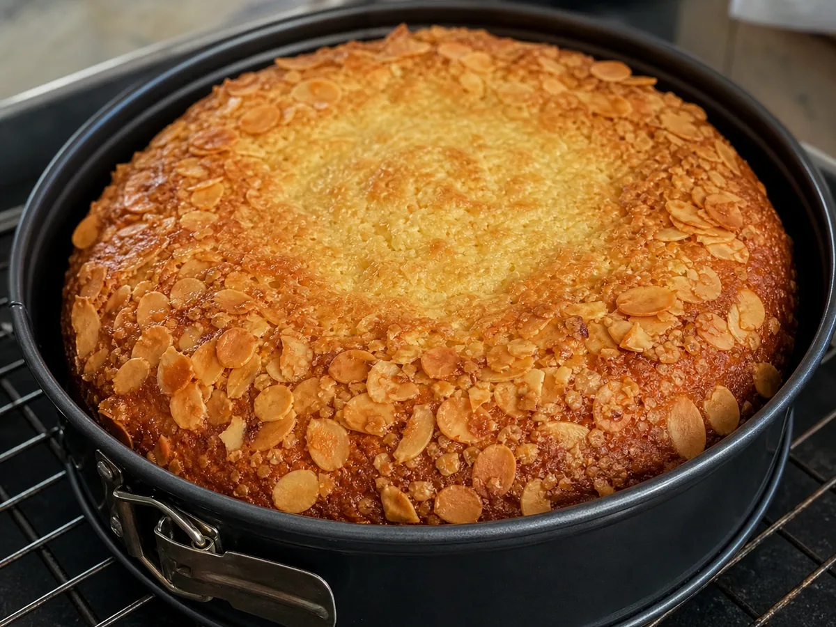 Deep-golden baked bee sting cake with a crisp almond crown