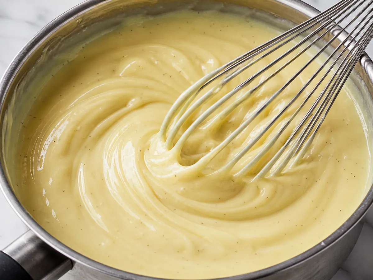Fully cooked thick vanilla custard holding clear whisk trails