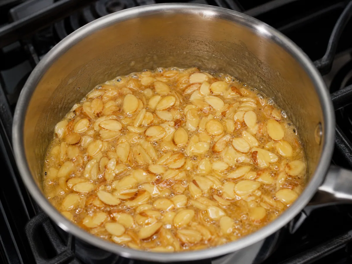 Glossy honey-almond topping ready to spread over bee sting cake dough