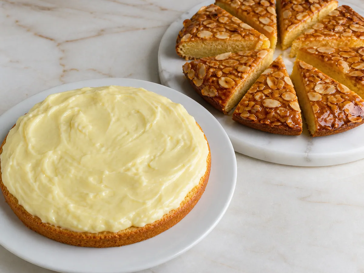 Bee sting cake base spread with vanilla custard beside pre-cut almond top wedges