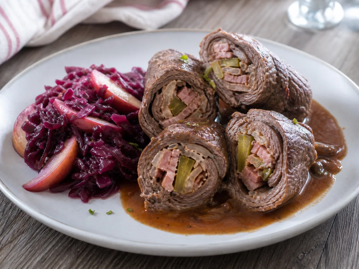 Rollitos alemanes de res en salsa marrón con col morada braseada y manzanas