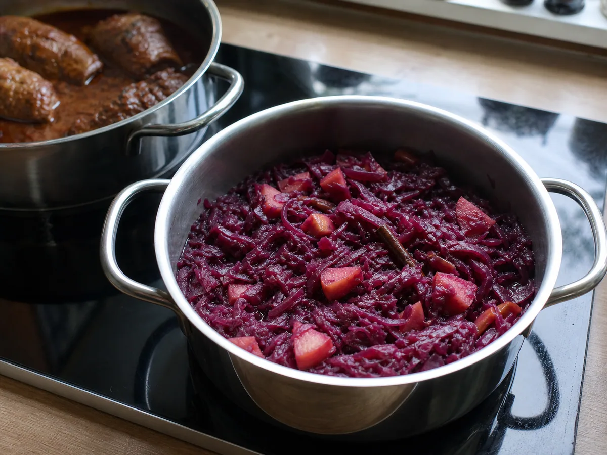 Tender glossy braised red cabbage with softened apple pieces in a heavy pot