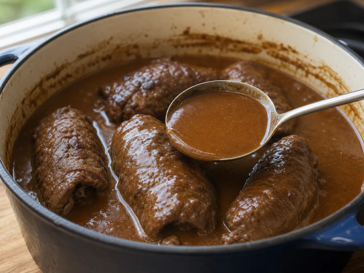 Smooth brown gravy coating the back of a spoon resting across a Dutch oven