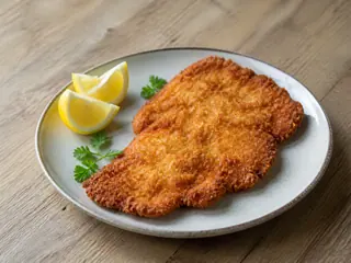 Schnitzel alemão de porco dourado servido com gomos de limão e salsinha