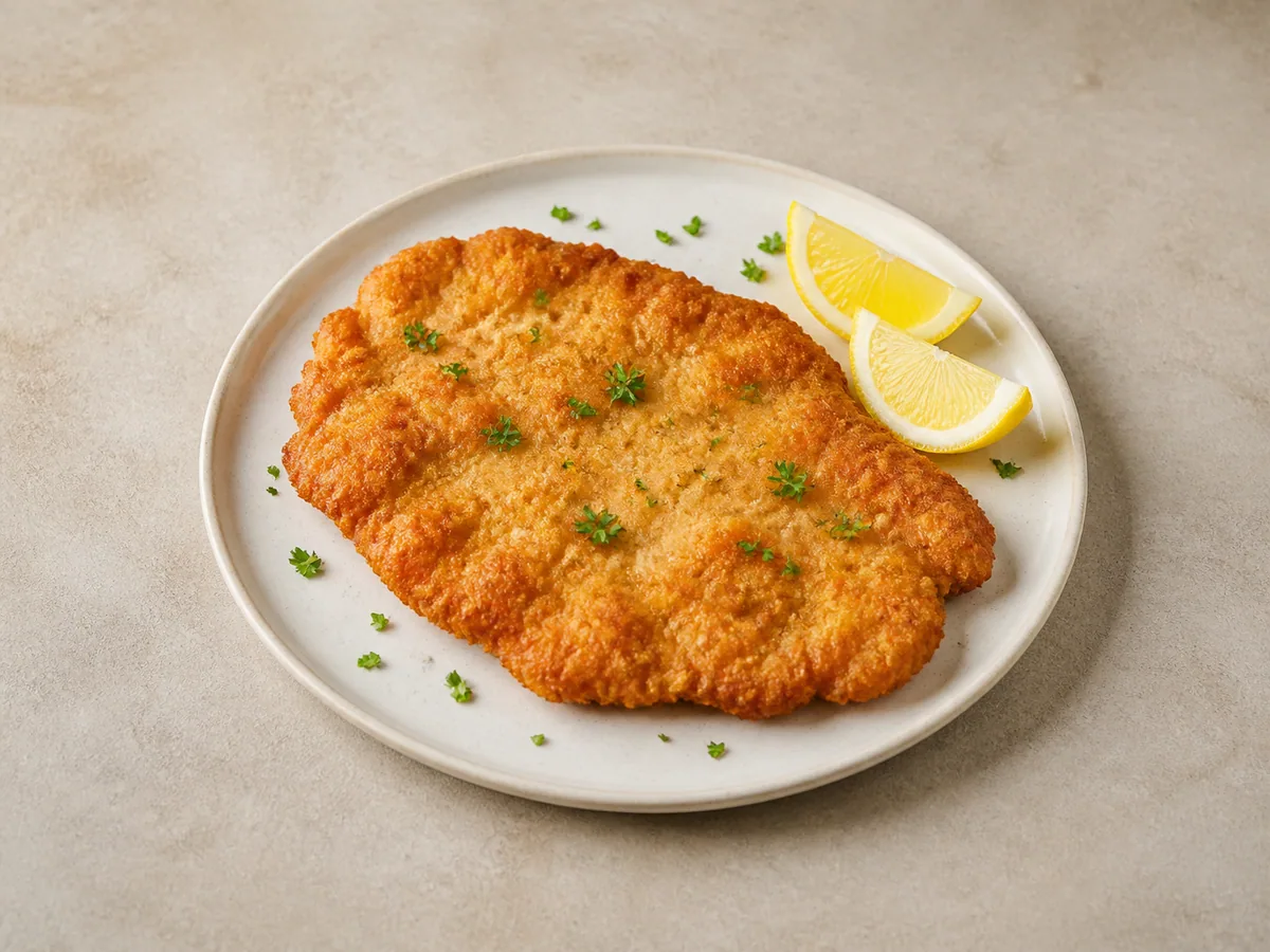 Golden German pork schnitzel served with lemon wedges and parsley