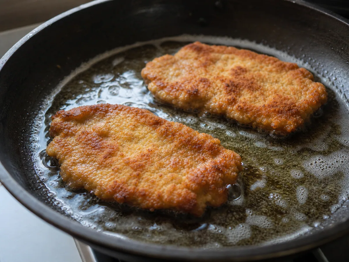 Schnitzel alemán de cerdo completamente cocido escurriendo en una rejilla limpia después de freírlo