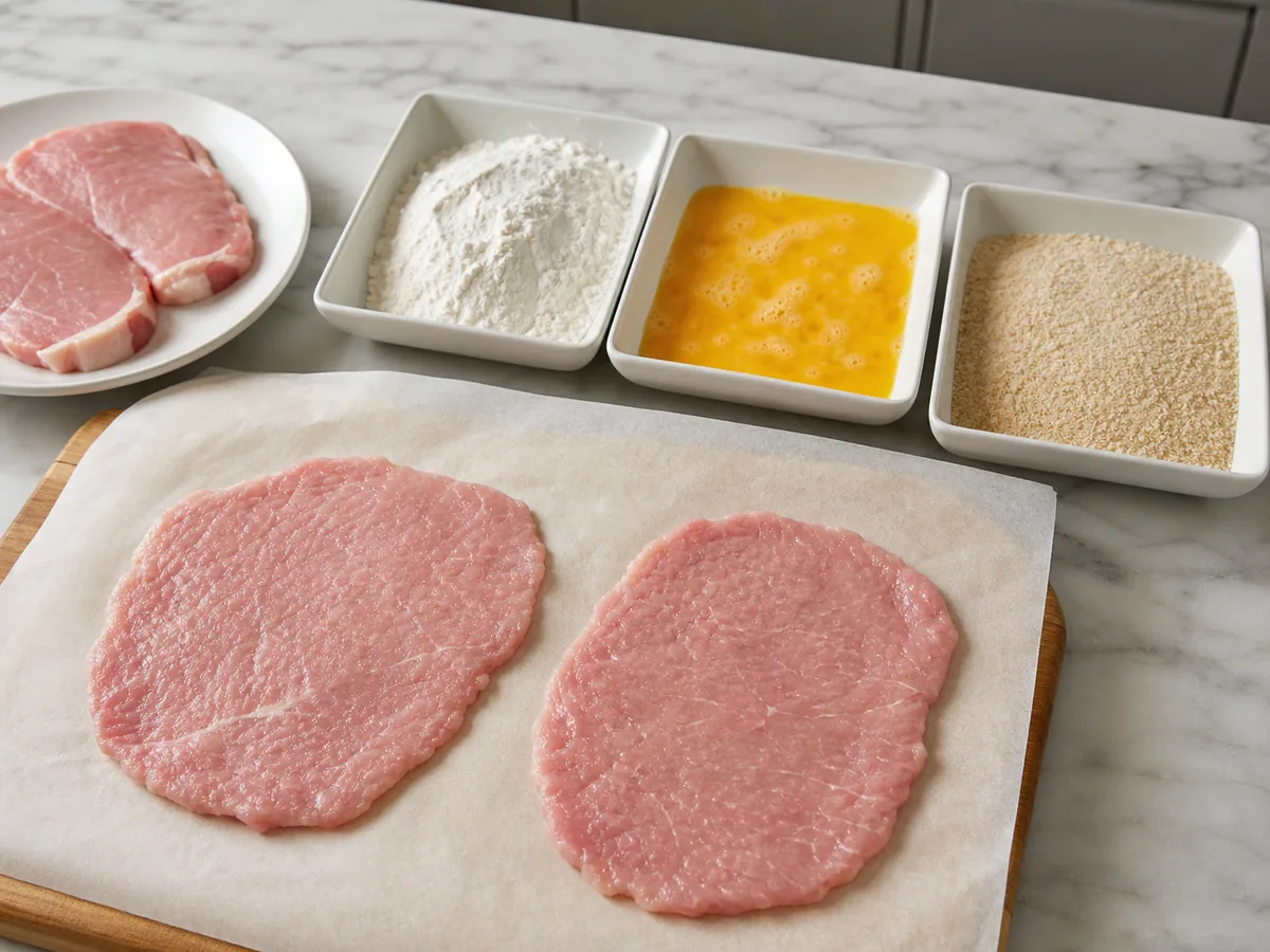 German Pork Schnitzel: Prepare the cutlets and breading station