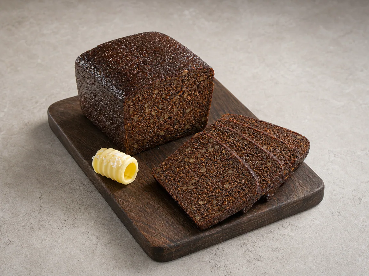 Thin slices of dark German pumpernickel beside a dense whole-rye loaf