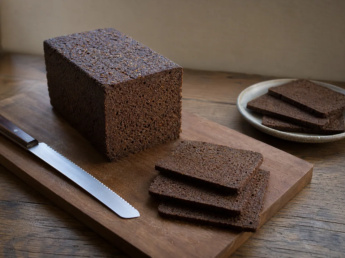 Pão de pumpernickel alemão firme, com uma fatia fina reveleo o miolo compacto de centeio