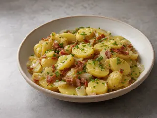 Salada morna alemã de batatas com bacon, cebolas, salsa e cebolinha em tigela rasa