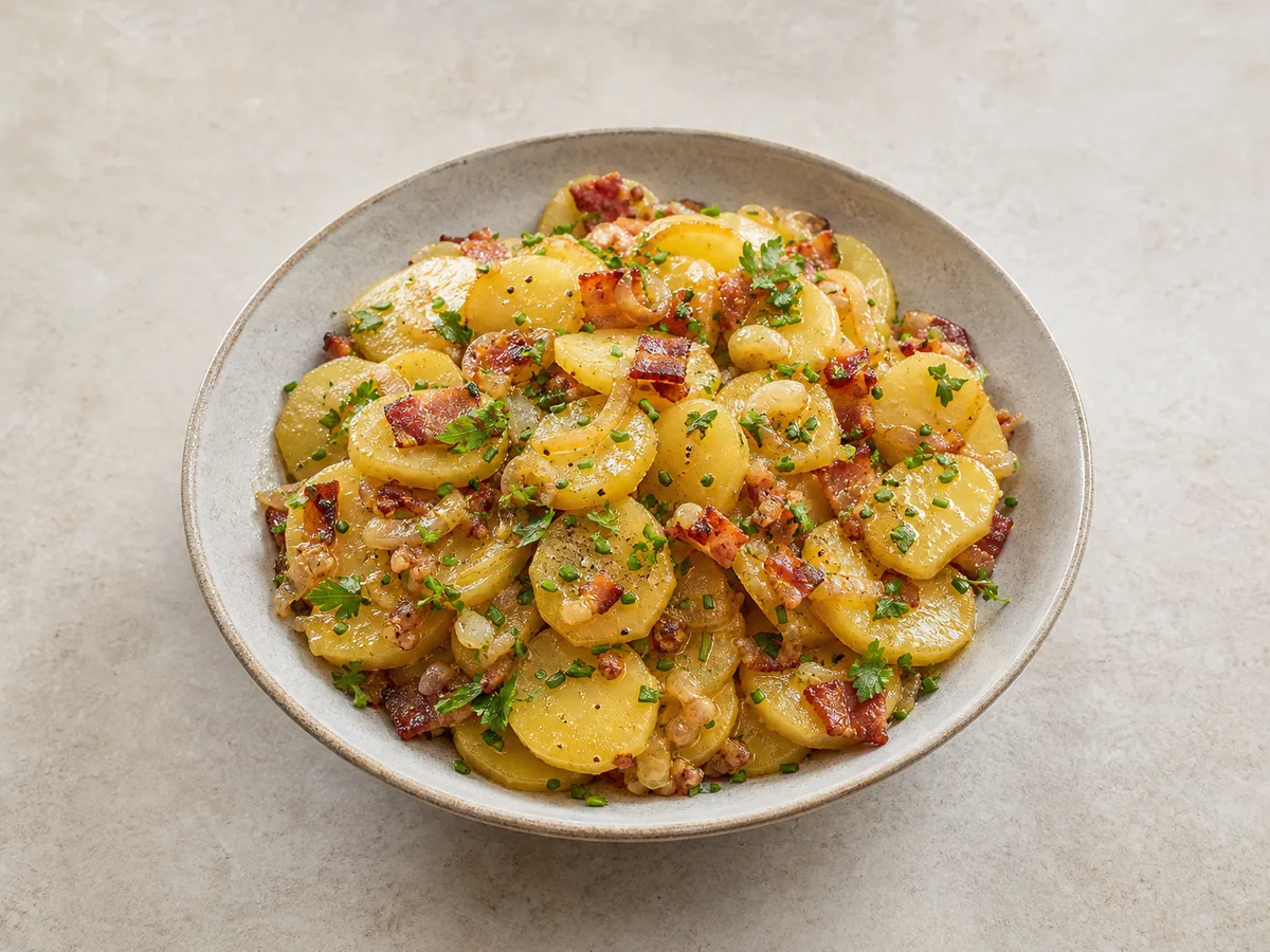 Warm German potato salad with bacon, onions, parsley, and chives in a shallow serving bowl