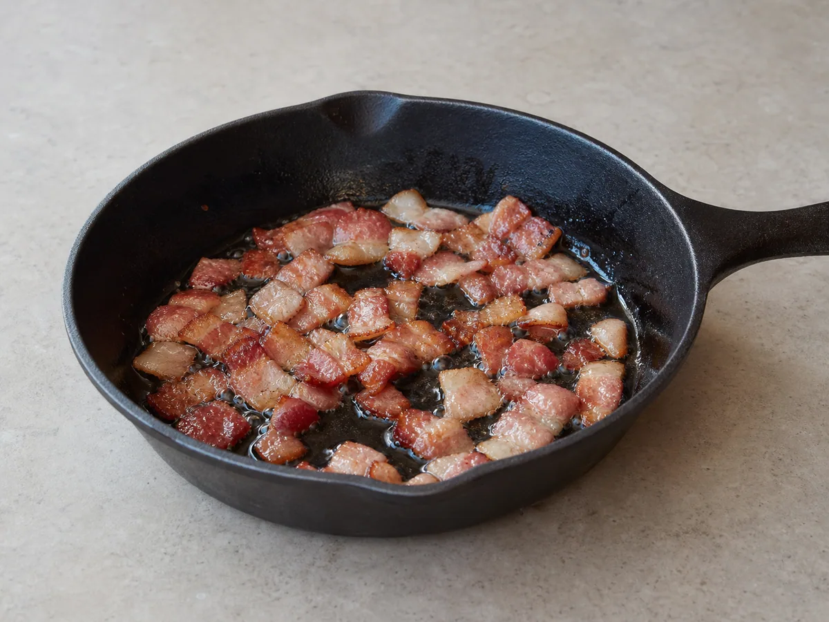 Tocino completamente cocido y crujiente para la ensalada alemana tibia de papa junto a una sartén con una fina capa de grasa derretida