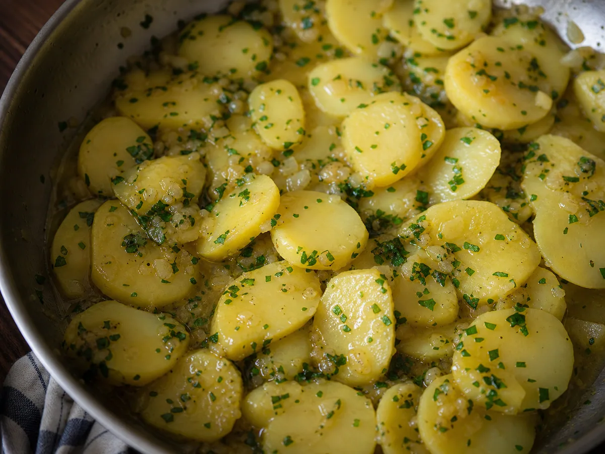 German Warm Potato Salad: Let the dressing settle and finish with herbs